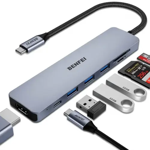 Hub USB-C Benfei, 3 x USB-A 3.0 - 1 x USB-C - 1 x HDMI - 1 x SD - 1 x microSD (Gri)