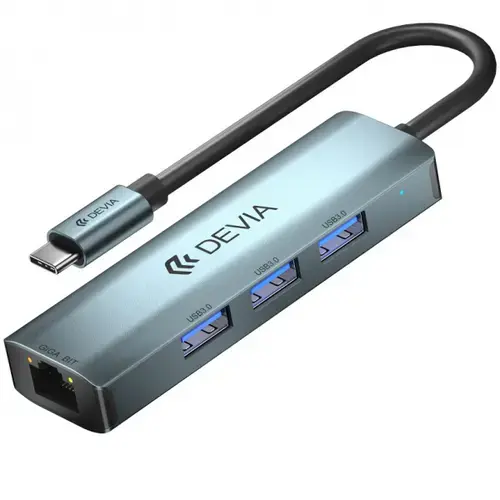 Hub USB-C DEVIA EC621, 3 x USB-A 3.0, 1 x RJ45 (Gri)