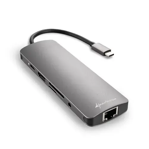Hub USB-C Sharkoon, 3 x USB 3.0, Ethernet, Stereo Jack, MicroSD, HDMI, USB Type-C (Gri)