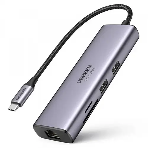 Hub USB-C Ugreen CM512, 2 x USB-A, 1 x USB-C, 1 x HDMI, 1 x SD, 1 x microSD, RJ45 (Gri)
