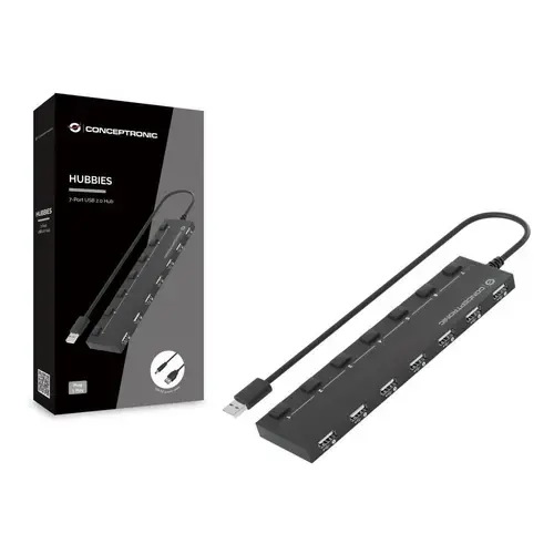 HUB USB Conceptronic HUBBIES08B, 7x USB 2.0 (Negru)