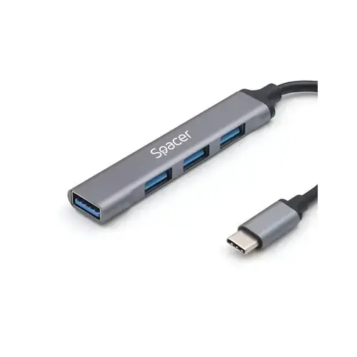 Hub USB extern Spacer, USB 3.0 X 1, USB 2.0 x 3, conectare prin TYPE-C, cablu 1m, Aluminiu (Argintiu)