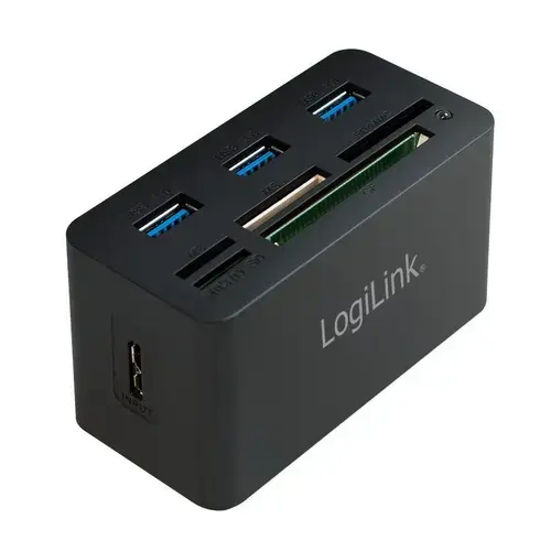 HUB USB LOGILINK CR0042, USB 3.0 x 3, slot SD, MicroSD, M2, MS Duo/Pro, CF, conectare prin USB 3.0 (Negru)