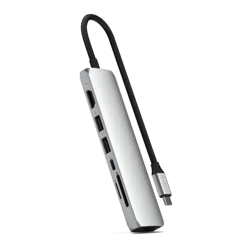 HUB USB Multiport Slim Satechi ST-P7SS 7-in-1, USB-C PD 100 W, 2 x USB 3.2, USB Type-C, Card Reader, HDMI 4K, RJ-45 Ethernet Gigabit (Argintiu)