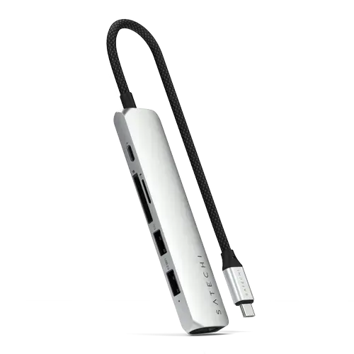 HUB USB Satechi Slim 6-in-1 ST-P6SS, USB-C PD 100 W, HDMI 4K, USB-A 3.2, USB-A 2.0, USB Type-C, Gigabit Ethernet (Argintiu)