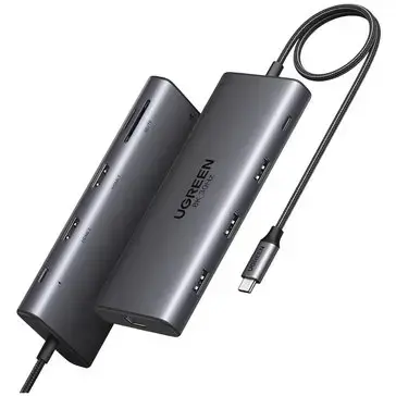 Hub USB Ugreen CM639, 1x RJ-45, 1x SD, 1x USB-C, 1x USB-C PD, 1x TF, 1x microSD, 2x HDMI + 3x USB-A 3.0 (Gri)