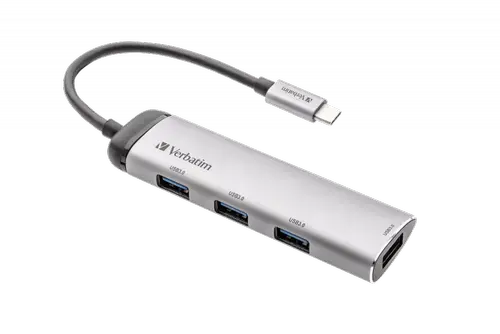 Hub USB Verbatim USB-C Multiport 4-in-1, 4x USB-A 3.2 Gen 1, Carcasa din Aluminiu, Cablu 15 cm, Indicator LED, Compatibil cu Windows si Mac OS (Argintiu)