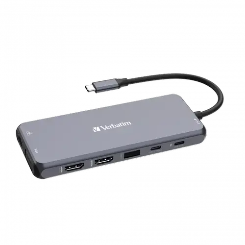 ​Hub USB Verbatim USB-C Pro Multiport 14-în-1, 2x HDMI (4K@60Hz, 4K@30Hz), 1x VGA (1080p), 1x RJ45 Gigabit Ethernet, 3x USB-A 3.2 Gen1, 2x USB-A 2.0, 1x USB-C 3.2 Gen1, 1x USB-C PD 100W, Cititor SD/microSD, Jack Audio 3,5 mm (Gri)​