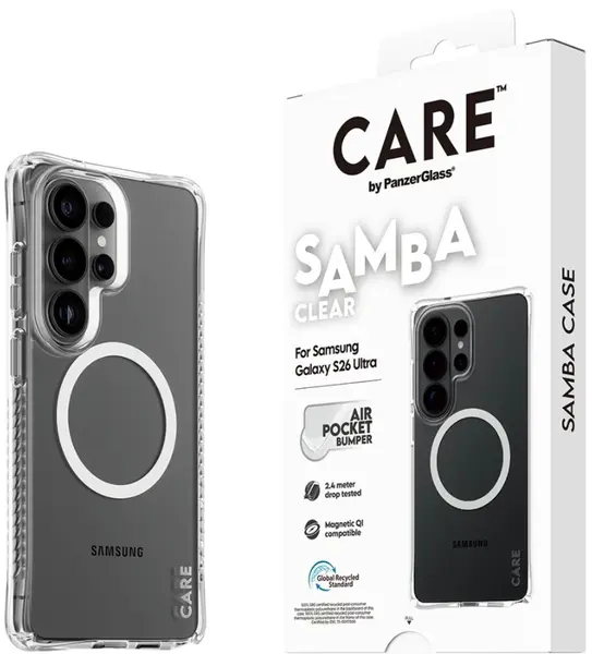 Husă CARE – Samba w. White Qi, Galaxy S26 Ultra, transparentă