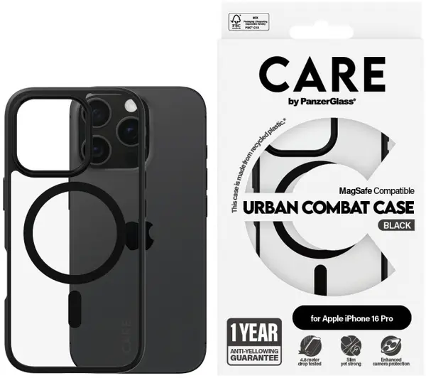 Husă CARE - Urban Combat Black Frame MagSafe, iPhone 16 Pro, negru /transparent