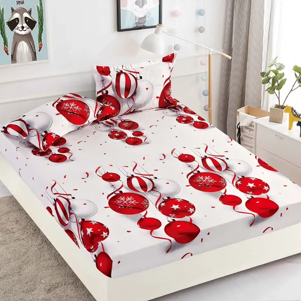 Husa de Pat cu Elastic din Bumbac Finet + 2 Fete de Perna, Pat 2 Persoane – Christmas Collections 180 x 200 cm