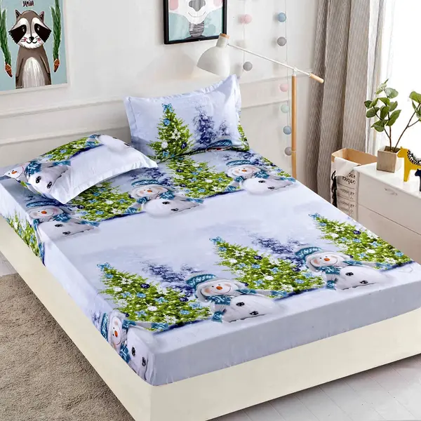 Husa de Pat cu Elastic din Bumbac Finet + 2 Fete de Perna, Pat 2 Persoane – Christmas Collections 180 x 200 cm