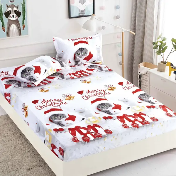 Husa de Pat cu Elastic din Bumbac Finet + 2 Fete de Perna, Pat 2 Persoane – Christmas Collections 180 x 200 cm