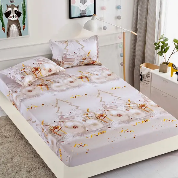 Husa de Pat cu Elastic din Bumbac Finet + 2 Fete de Perna, Pat 2 Persoane – Christmas Collections 180 x 200 cm