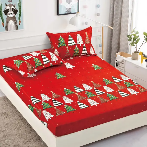 Husa de Pat cu Elastic din Bumbac Finet + 2 Fete de Perna, Pat 2 Persoane – Christmas Collections 180 x 200 cm