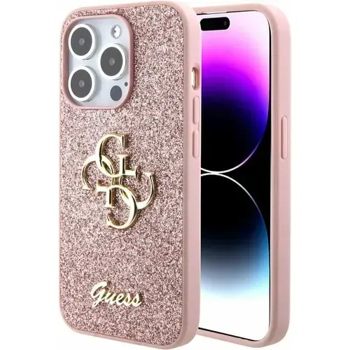 Husa de protectie Guess PU Fixed Glitter 4G Metal Logo Case for iPhone 15 Pro Max (Roz)