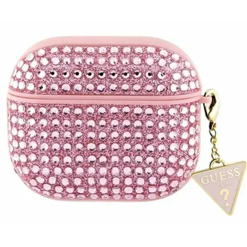 Husa de protectie Guess Rhinestones Triangle Metal Logo pentru AirPods 3, Roz
