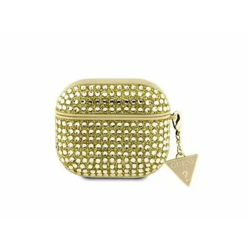 Husa de protectie Guess Rhinestones Triangle Metal Logo pentru AirPods 3, Auriu