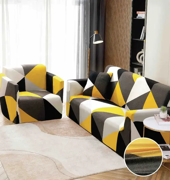 Husa Elastica Pentru Canapea 2 Locuri - M - Jojo Home, Galben-Gri, forme geometrice