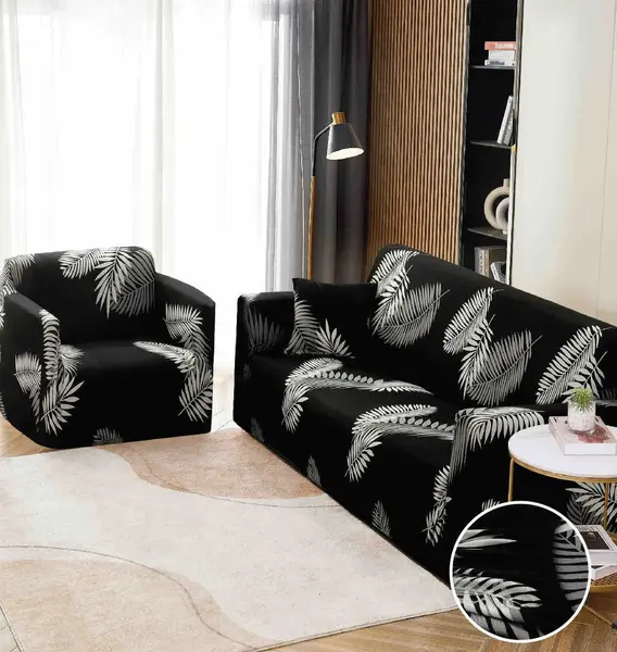 Husa Elastica Pentru Canapea 2 Locuri - M - Jojo Home, Negru, frunze