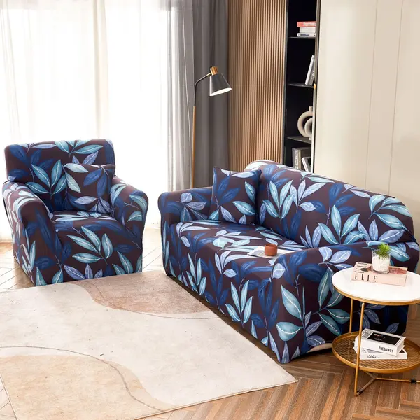 Husa Elastica Pentru Canapea 3 Locuri - L - Jojo Home, Albastru, frunze