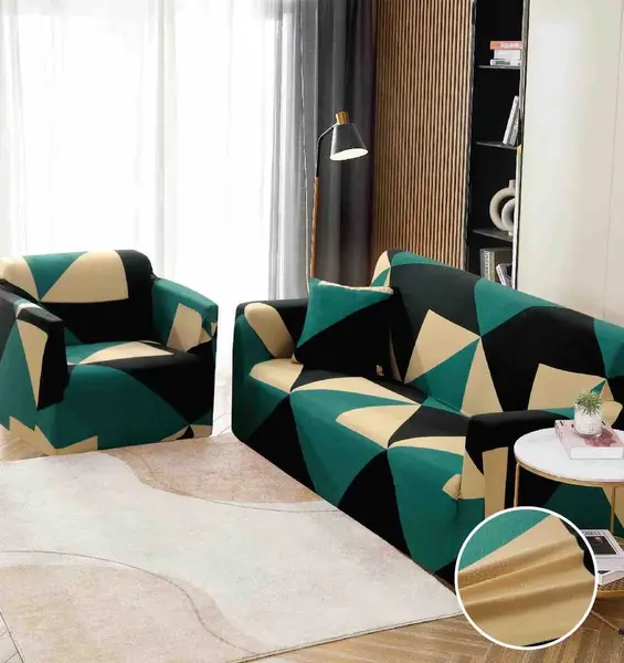 Husa Elastica Pentru Canapea 3 Locuri - L - Jojo Home, Verde-Negru, forme geometrice