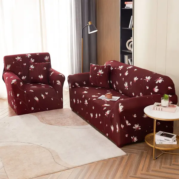 Husa Elastica Pentru Canapea 3 Locuri - L - Jojo Home, Visiniu, flori