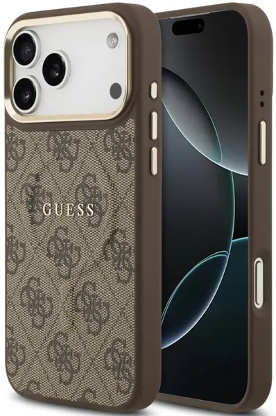 Husă Guess - 4G Gold Frame, iPhone 17 Pro Max, MagSafe, maro