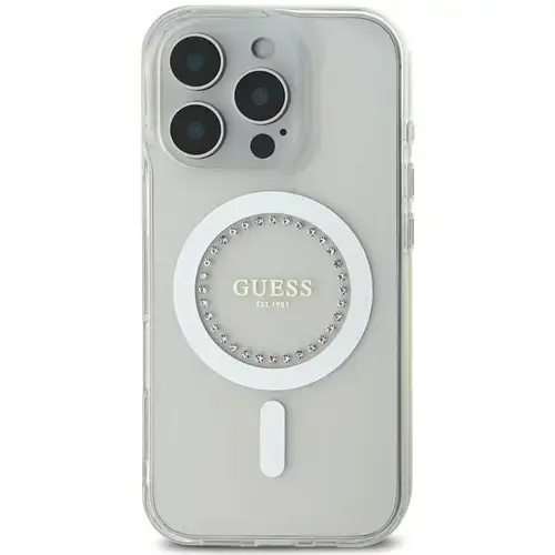 Husa Guess Rhinestones Ring MagSafe iPhone 16 Pro Max, Alb