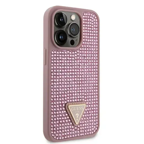 Husa Guess Rhinestones Triangle Metal Logo iPhone 14 Pro, Roz