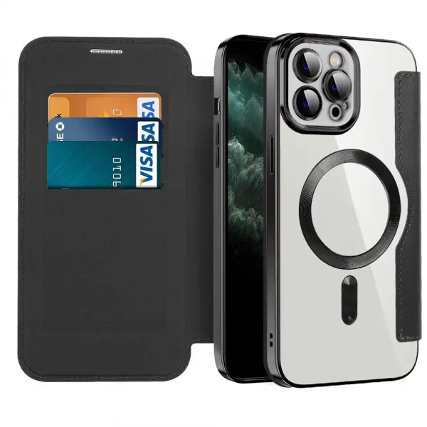Husa MagSafe pentru Apple iPhone 11 Pro Max, Techsuit, SmartMag Book, Neagra