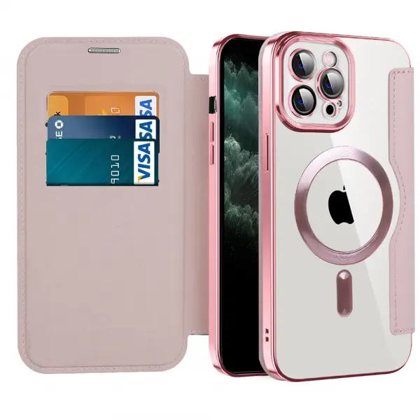 Husa MagSafe pentru Apple iPhone 11 Pro Max, Techsuit, SmartMag Book, Roz