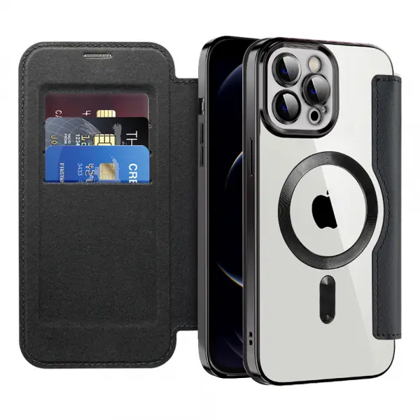 Husa MagSafe pentru Apple iPhone 12 Pro, Techsuit, SmartMag Book, Neagra