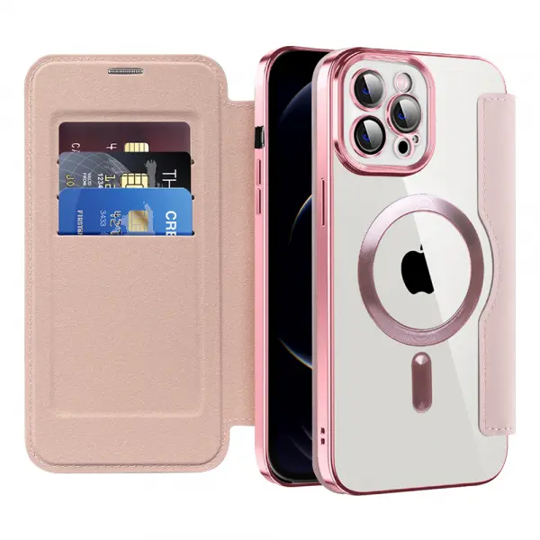 Husa MagSafe pentru Apple iPhone 12 Pro, Techsuit, SmartMag Book, Roz