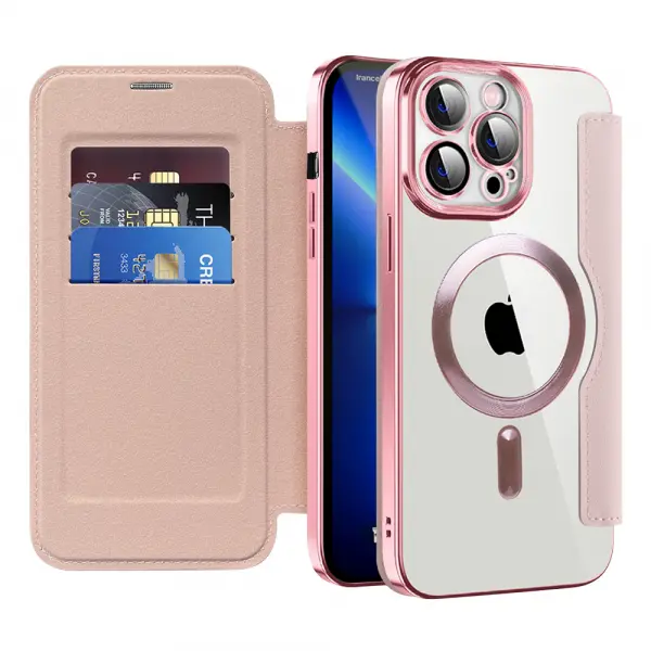 Husa MagSafe pentru Apple iPhone 13 Pro Max, Techsuit, SmartMag Book, Roz