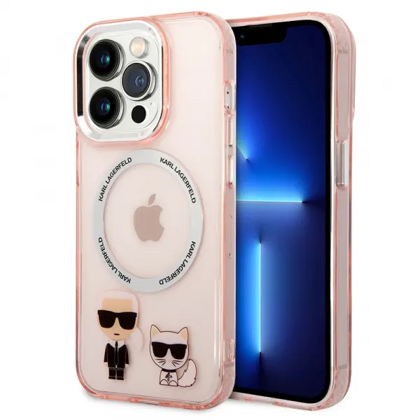 Husa MagSafe pentru Apple iPhone 14 Pro, Karl Lagerfeld, Karl & Choupette Aluminium, Roz