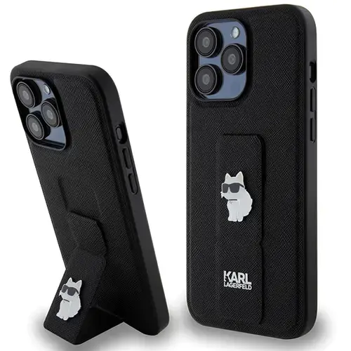 Husa MagSafe pentru Apple iPhone 14 Pro Max, Karl Lagerfeld, Saffiano Gripstand Choupette, Neagra
