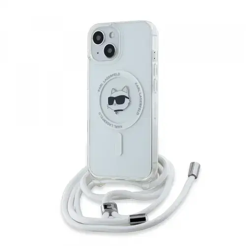 Husa MagSafe pentru Apple iPhone 15, Karl Lagerfeld, IML Crossbody Choupette's Head with Strap, Transparenta