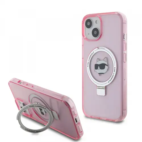 Husa MagSafe pentru Apple iPhone 15, Karl Lagerfeld, Ring Stand Choupette's Head, Roz