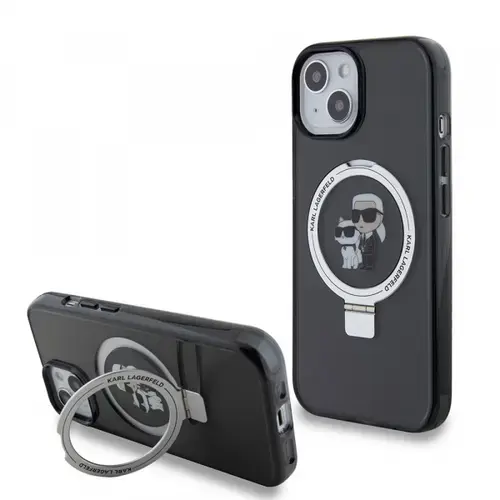 Husa MagSafe pentru Apple iPhone 15, Karl Lagerfeld, Ring Stand Karl & Choupette, Neagra