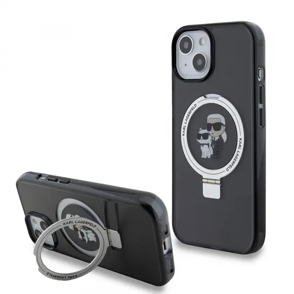 Husa MagSafe pentru Apple iPhone 15, Karl Lagerfeld, Ring Stand Karl & Choupette, Neagra