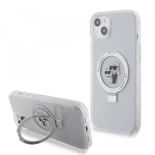 Husa MagSafe pentru Apple iPhone 15, Karl Lagerfeld, Ringstand Karl and Choupette, Alba