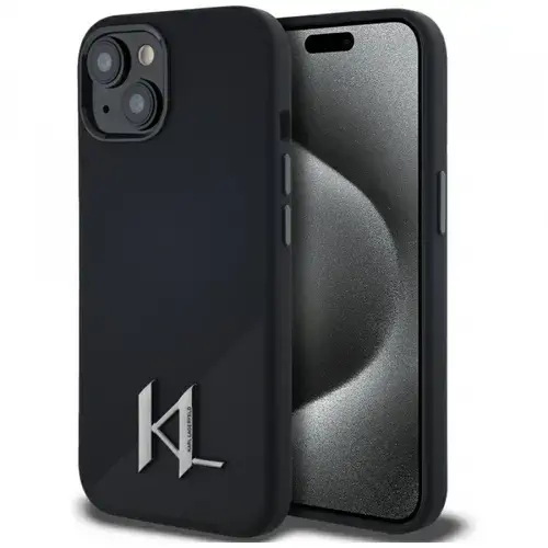 Husa MagSafe pentru Apple iPhone 15, Karl Lagerfeld, Silicone Shadow Metal Initial, Neagra