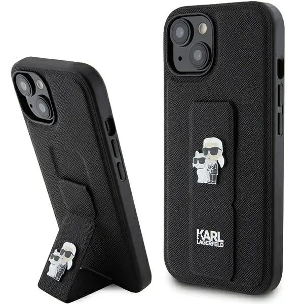 Husa MagSafe pentru Apple iPhone 15 Plus / 14 Plus, Karl Lagerfeld, Saffiano Gripstand Karl & Choupette, Neagra