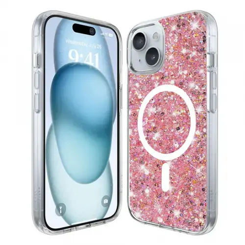 Husa MagSafe pentru Apple iPhone 15 Plus, Techsuit, Sparkly Glitter, Magenta