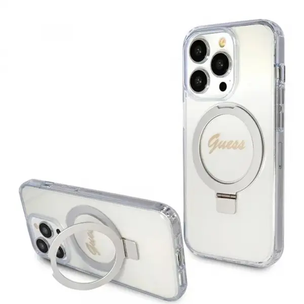 Husa MagSafe pentru Apple iPhone 15 Pro, Guess, IML Ring Stand Glitter, Transparenta