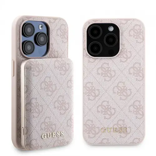 Husa MagSafe pentru Apple iPhone 15 Pro, Guess, Powerbank 4G Metal Logo, Roz