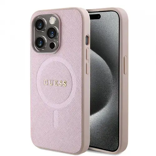 Husa MagSafe pentru Apple iPhone 15 Pro, GUHMP15LPSAHMCP, Guess, Saffiano, Roz