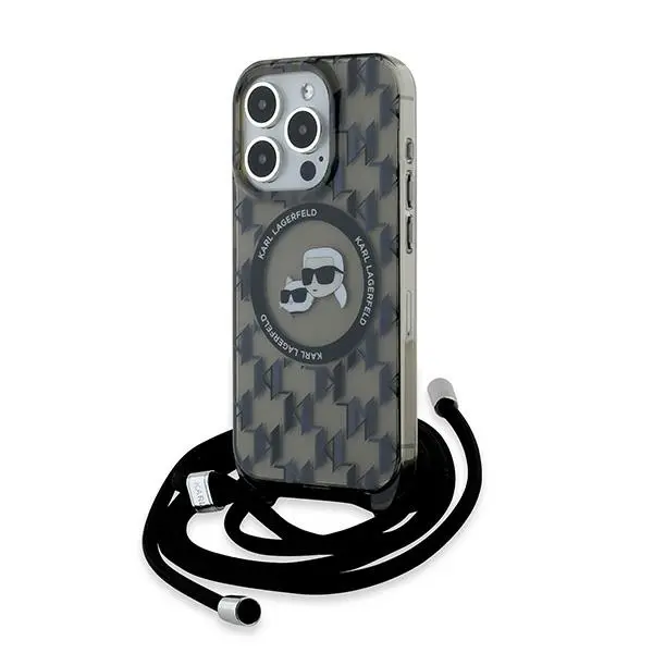 Husa MagSafe pentru Apple iPhone 15 Pro, Karl Lagerfeld, IML Crossbody Monogram Karl & Choupette's Heads, Neagra