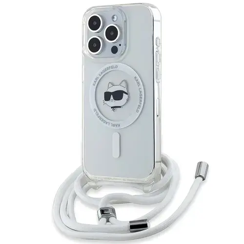 Husa MagSafe pentru Apple iPhone 15 Pro, Karl Lagerfeld, IML Crossbody Choupette's Head with Strap, Transparenta